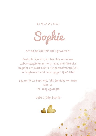 Einladung Kindergeburtstag rundes Foto und goldene Herzen 3