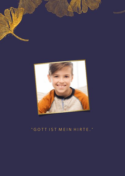 Einladung Kommunion Ginkgoblätter Stempel blau Foto innen 2