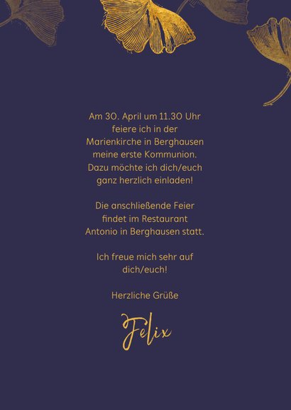 Einladung Kommunion Ginkgoblätter Stempel blau Foto innen 3