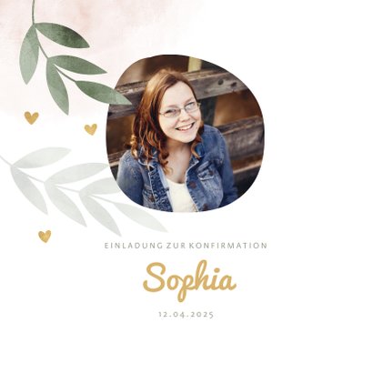Einladung Konfirmation botanisch mit Herzen und Foto 2