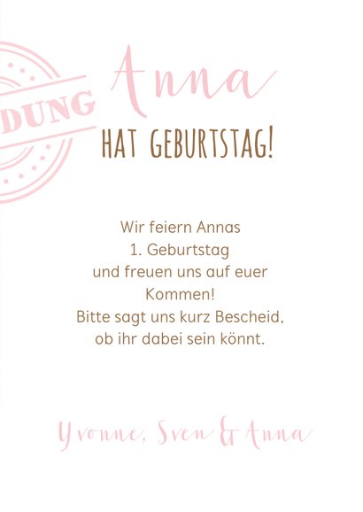 Einladung zum 1. Geburtstag Pink Sweetheart 3