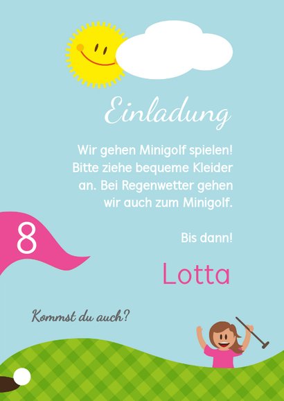 Einladung zum Golf-Kindergeburtstag pink 3