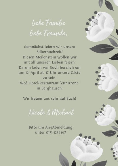 Einladung zum Hochzeitsjubiläum grün mit weißen Blumen 3