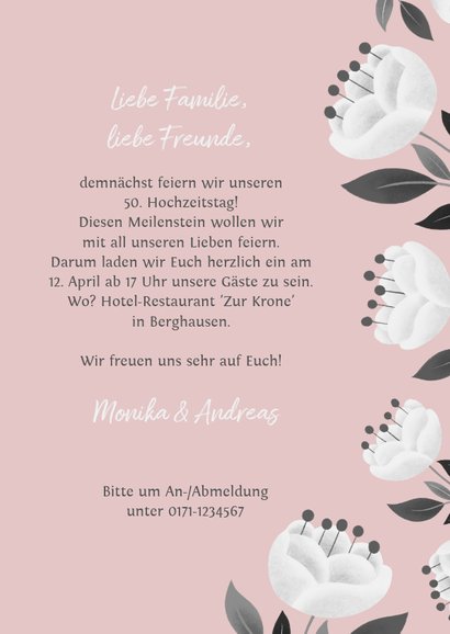 Einladung zum Hochzeitsjubiläum rosa mit weißen Blumen 3