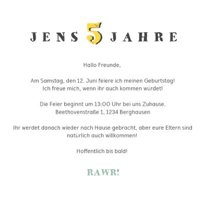 Einladung zum Kindergeburtstag Dinosaurier mit Hut 3