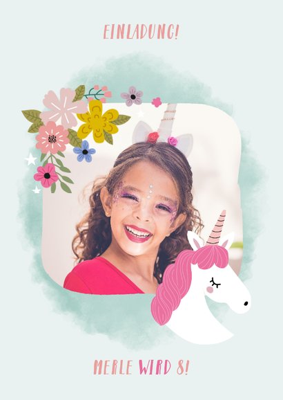 Einladung zum Kindergeburtstag Einhorn und Blumen 2