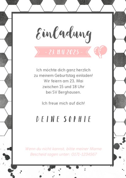 Einladung zum Kindergeburtstag Fußball mit Foto rosa 3