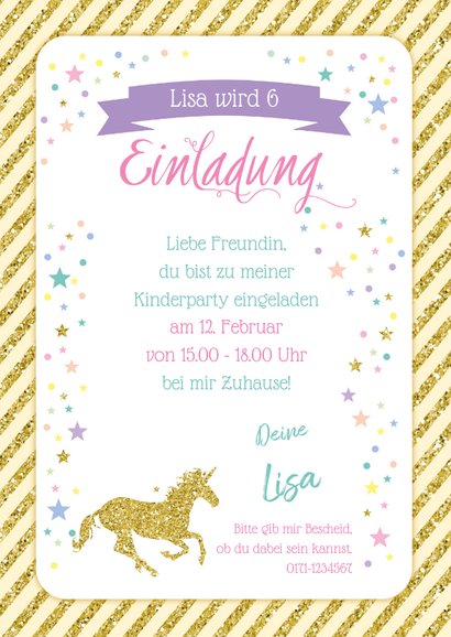 Einladung Zum Kindergeburtstag Goldenes Einhorn Kaartje2go