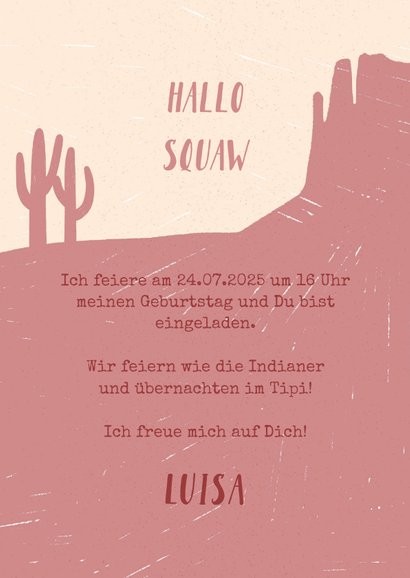 Einladung zum Kindergeburtstag pink Indianer-Party Squaw 3