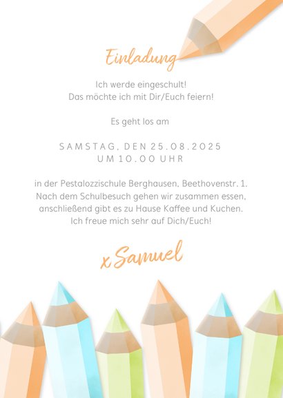 Einladung zur Einschulung eigenes Foto Buntstifte orange 3