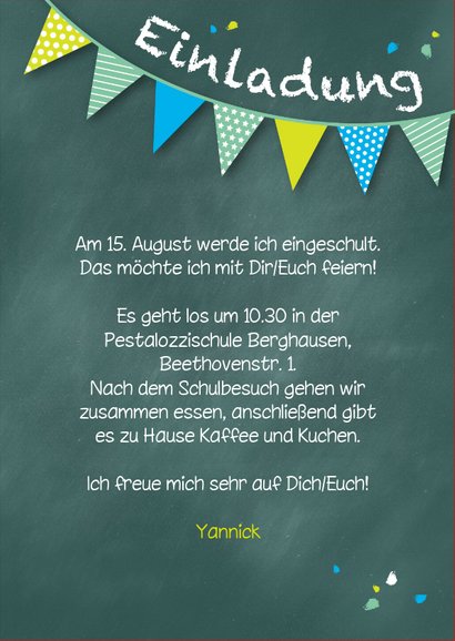 Einladung zur Einschulung Fotos Schultafel grünblau 3