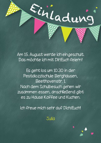 Einladung zur Einschulung Fotos Schultafel grünrosa 3