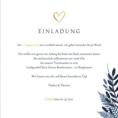 Einladung zur Hochzeit dunkelblau Pflanzen & Foto 3