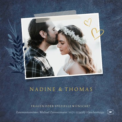 Einladung zur Hochzeit dunkelblau Pflanzen & Herz 2
