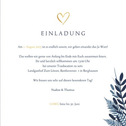 Einladung zur Hochzeit dunkelblau Pflanzen & Herz 3