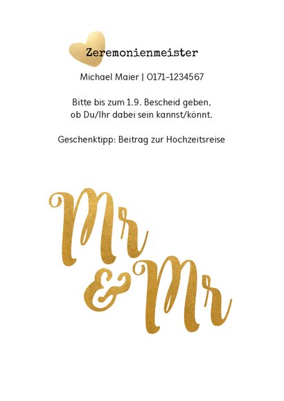 Einladung zur Hochzeit Mr. & Mr. Buchstaben in Goldlook 2