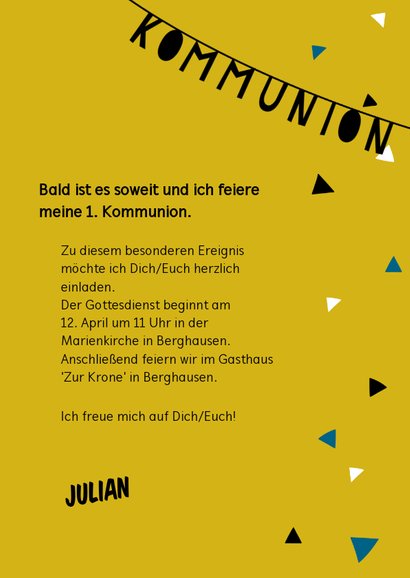 Einladung zur Kommunion Foto & Girlande gelb 3