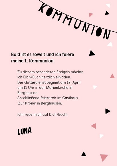 Einladung zur Kommunion Foto & Girlande rosa 3