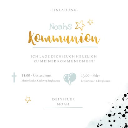 Einladung zur Kommunion Foto, Wasserfarbe & Goldlook blau 3