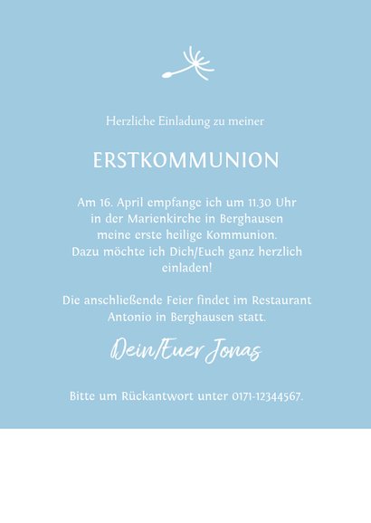 Einladung zur Kommunion Junge mit Pusteblume 3