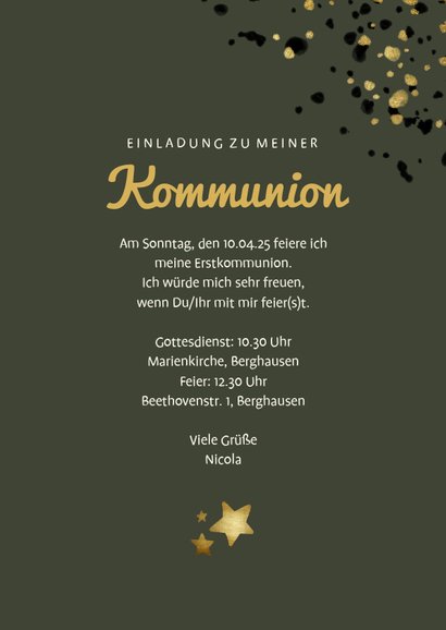 Einladung zur Kommunion olivgrün mit Foto und Sternen 3