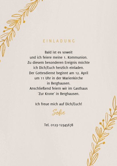 Einladung zur Kommunion Zweige in Goldlook 3