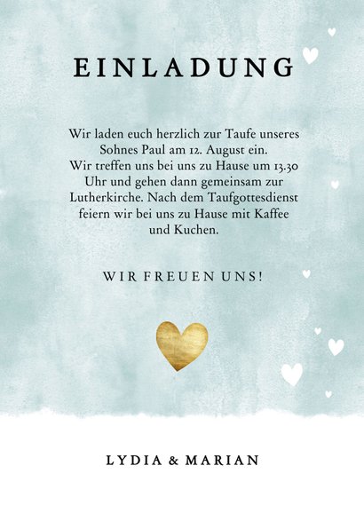 Einladung zur Taufe blau mit Foto und Herzen 3
