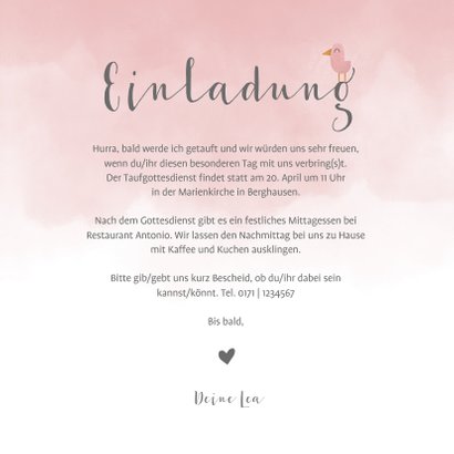 Einladung zur Taufe Elefant & Vögel rosa 3