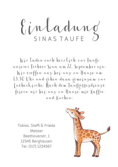 Einladung zur Taufe kleine Schwester Giraffen im Blumenkranz 3