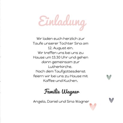 Einladung zur Taufe rosa Wegweiser und Herzen 3