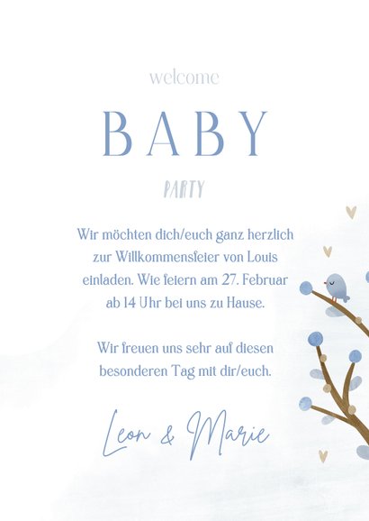 Einladung zur Welcome-Baby-Party blaue Zweige und Vögel 3