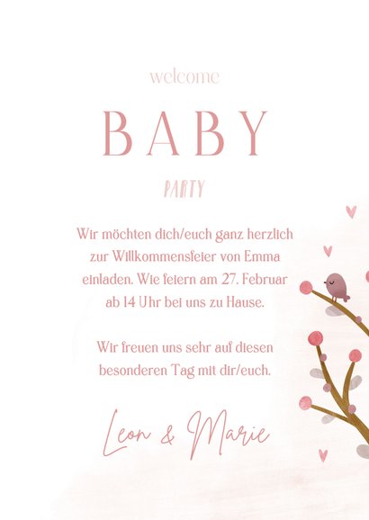 Einladung zur Welcome-Baby-Party rosa Zweige und Vögel 3
