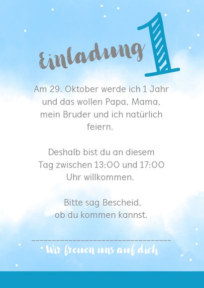 Einladungskarte 1. Geburtstag blaue Wasserfarbe mit Fotos 3