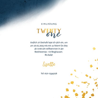 Einladungskarte 21. Geburtstag blau und 'twenty one' 3