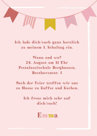Einladungskarte Einschulung mit rosa Wimpelkette 3
