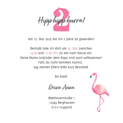 Einladungskarte Kindergeburtstag Flamingo und Zweige 3