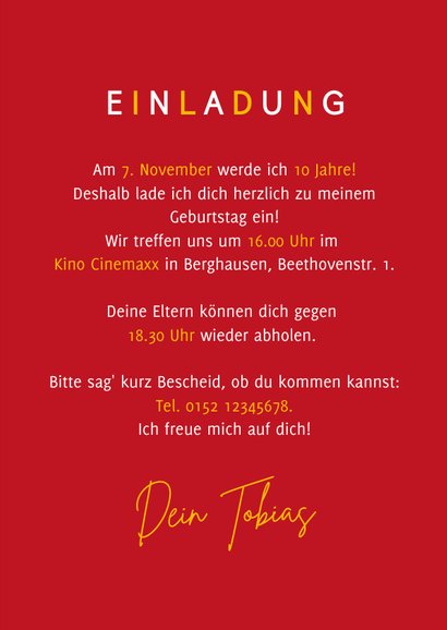Einladungskarte Kindergeburtstag Kino mit Foto 3