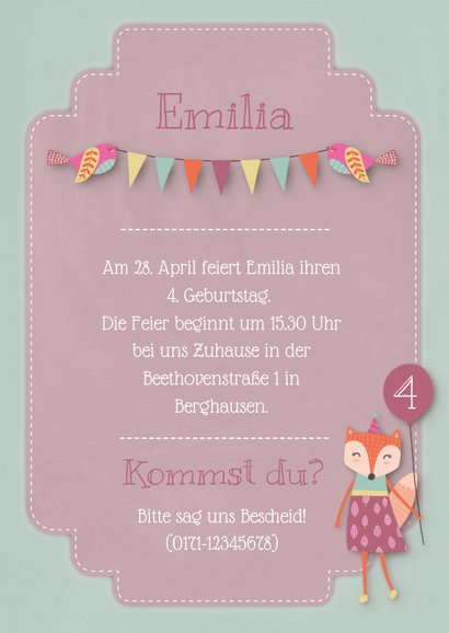 Einladungskarte Kindergeburtstag kleiner Fuchs Mädchen 3