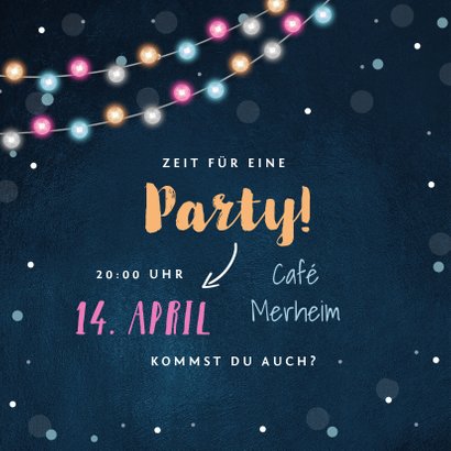 Einladungskarte Party bunte Lichter und zwei Fotos 2