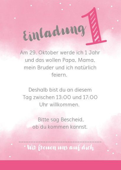 Einladungskarte zum 1. Geburtstag rosa Wasserfarbe mit Fotos 3