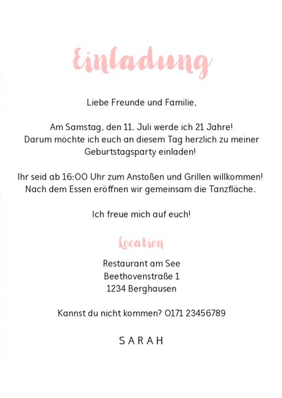 Einladungskarte zum 21. Geburtstag rosa-weiß 3