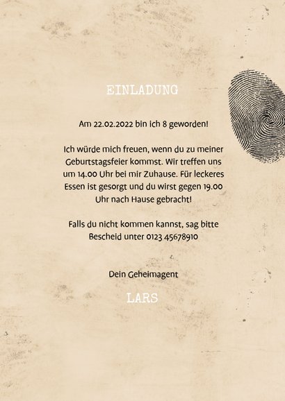 Einladungskarte zum Kindergeburtstag Geheimagent 3