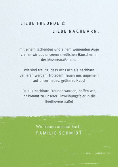 Einladungskarte zur Abschiedsparty mit Häuschen 3