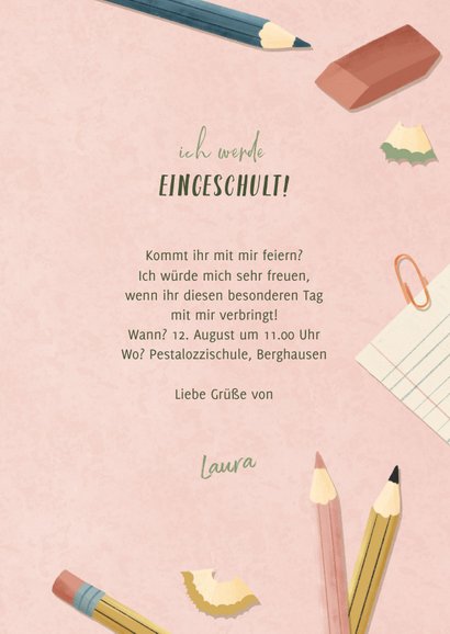 Einladungskarte zur Einschulung Foto, Schere & Papier rosa 3