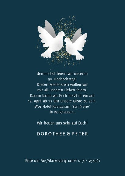 Einladungskarte zur goldenen Hochzeit dunkelblau mit Tauben 3