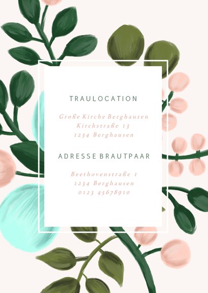 Einladungskarte zur Hochzeit in rosa mit Blumenzweigen 2
