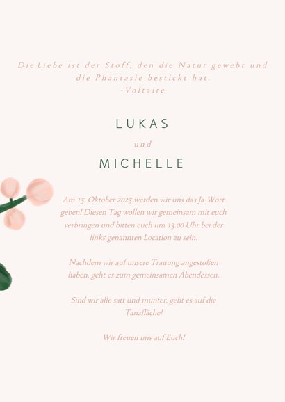 Einladungskarte zur Hochzeit in rosa mit Blumenzweigen 3