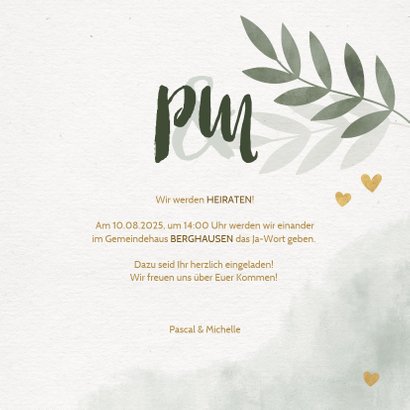 Einladungskarte zur Hochzeit mit Foto, Zweigen und Herzen 3