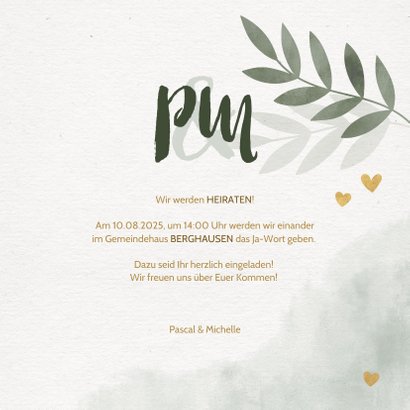 Einladungskarte zur Hochzeit mit Foto, Zweigen und Herzen 3