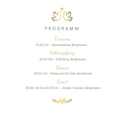 Einladungskarte zur Hochzeit mit goldenen Tauben und Herz 2